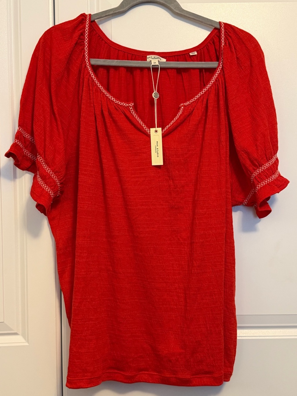 Max Studio Red Peasant Blouse with Contrast Stitching